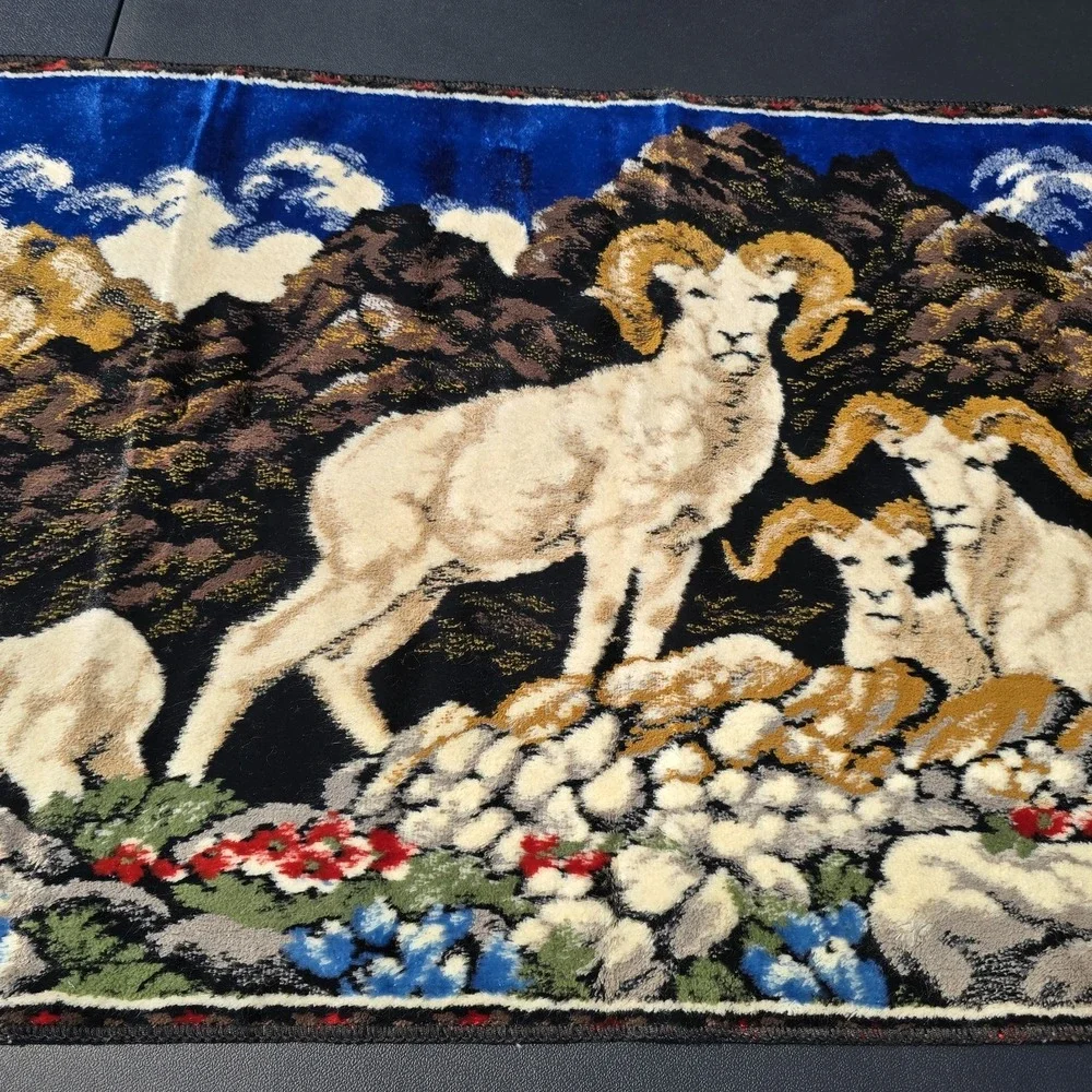 Vintage Italian Velvet Tapestry Mountain Sheep Scene Woven 38x19 Wall Hanging